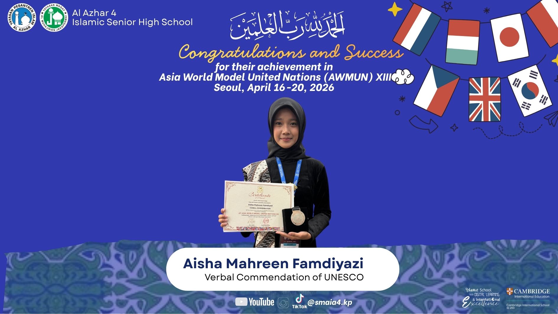 Al Azhar 4 Bekasi Student Wins Verbal Commendation at AWMUN XIII 2026