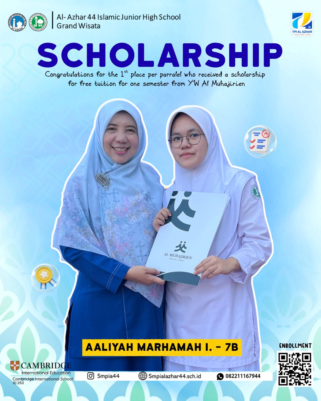 Aaliyah Marhamah 7B Receives Educational Scholarship
