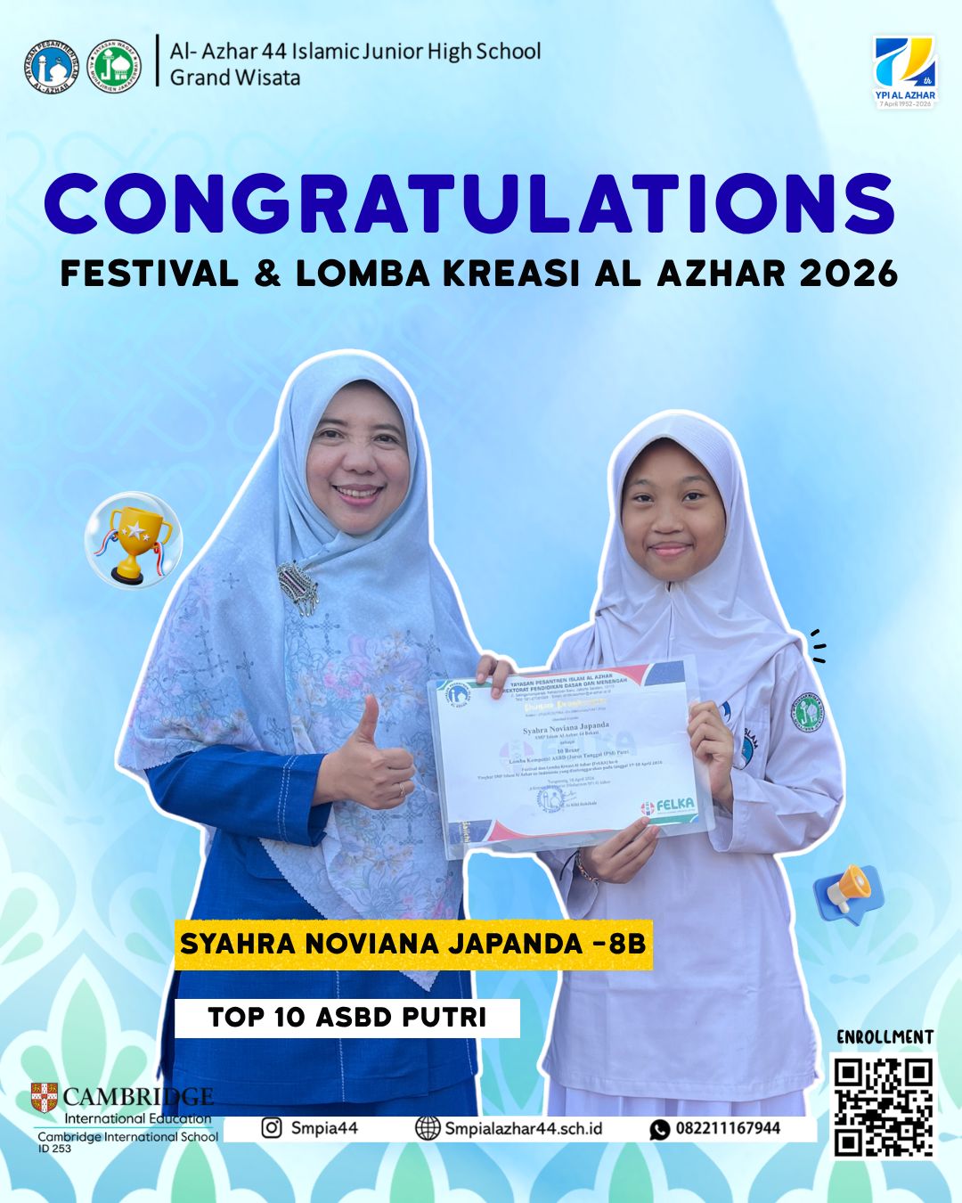 Syahra Noviana Japanda Achieves Top 10 ASBD Girls